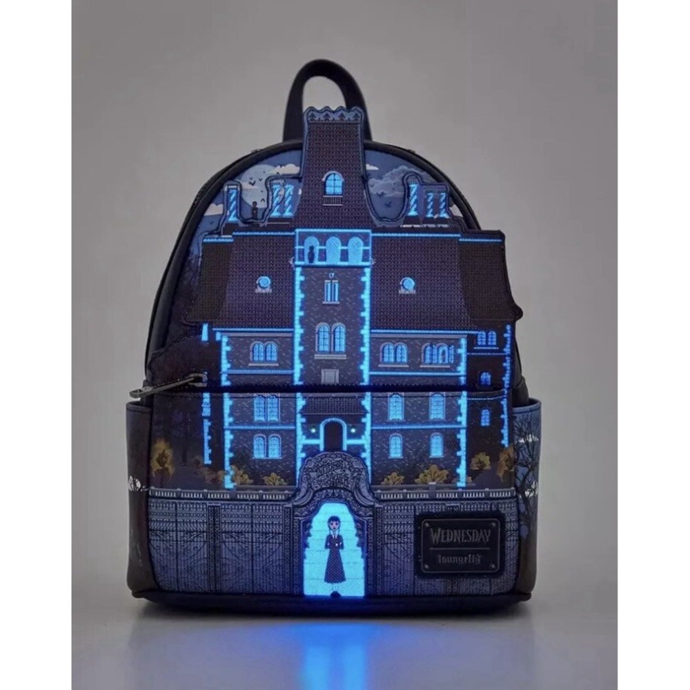 Loungefly MGM Wednesday Nevermore Academy Mini Backpack Glows In Dark